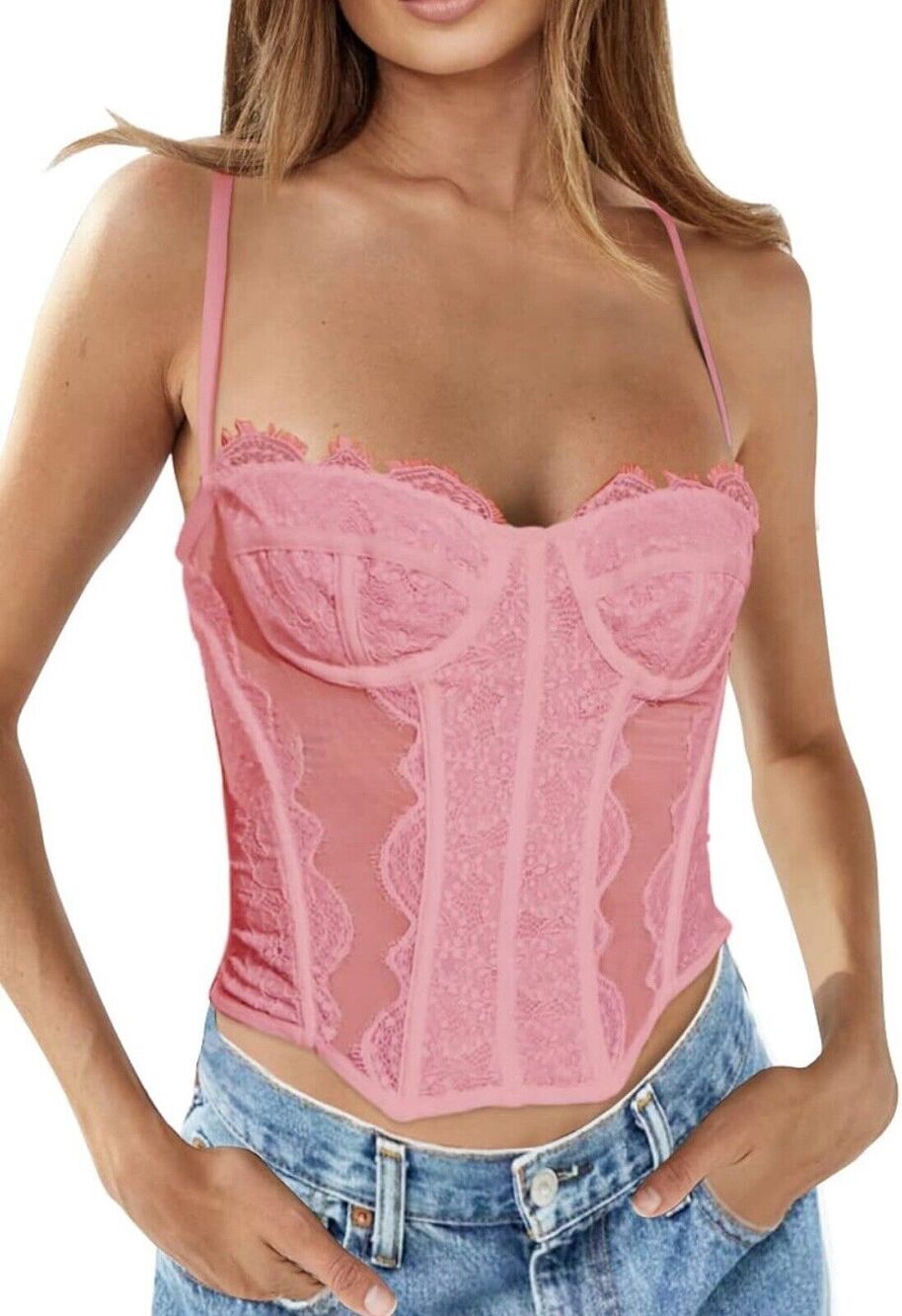 WYNNQUE Womens Lace Bustier Mesh Spaghetti Strap Boned Corset S NWT